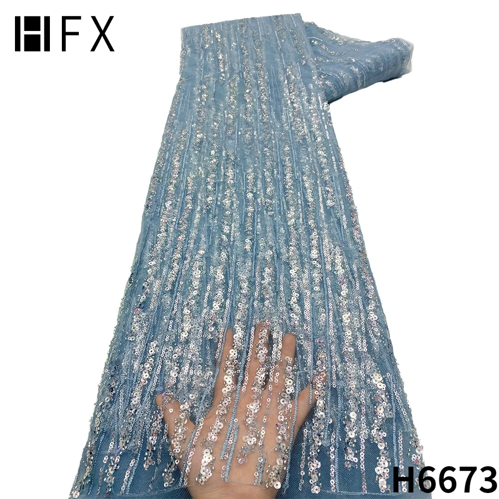

HFX French Sequence Lace Fabric Handmade Embroidery African Tulle Nigerian Mesh Lace Fabric With Beads For Evening Dresses F6673