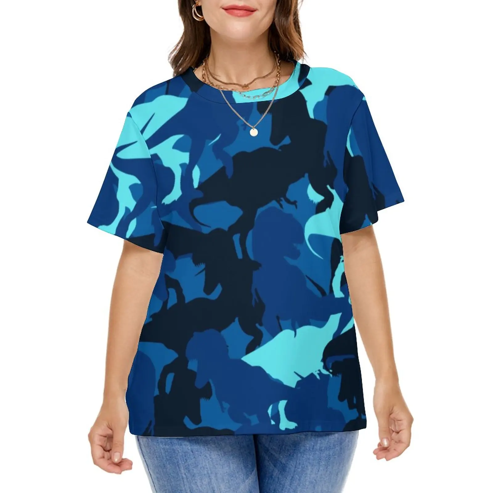 Blue Dinosaurs T Shirt Camouflage Animal Print Modern T Shirts Short-Sleeve Korean Fashion Tshirt Pattern Tees Plus Size 5XL 6XL