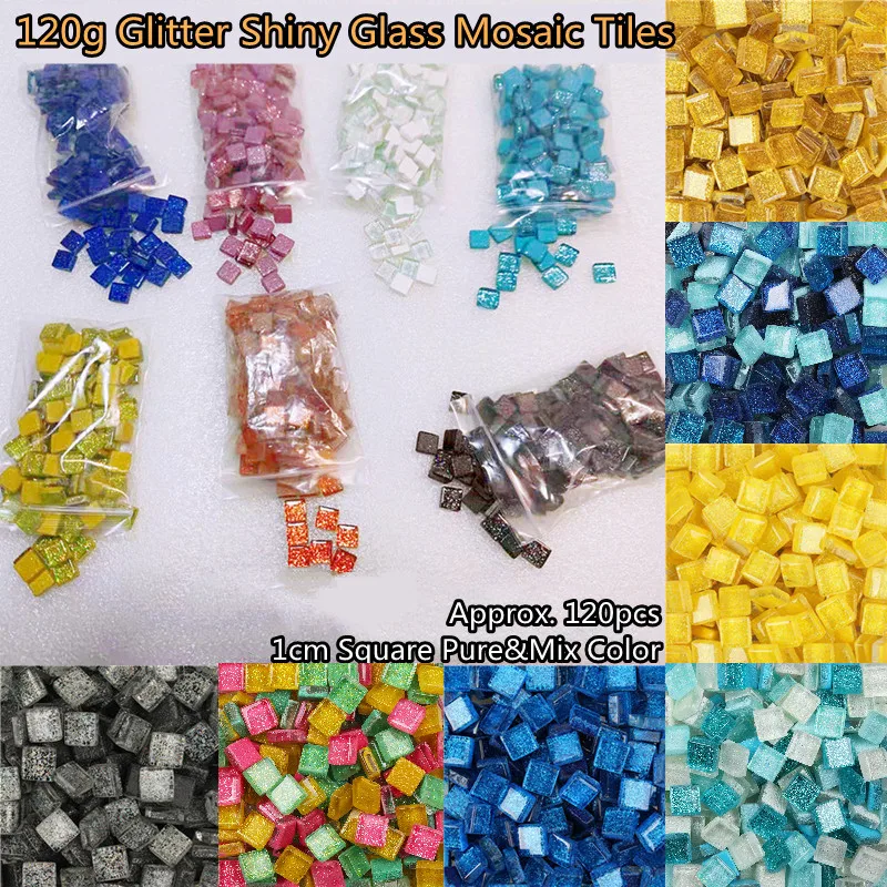 Azulejos de mosaico de vidrio brillante, 120g/4,23 oz (aproximadamente 120 piezas), 1cm cuadrados, materiales para manualidades, piedras de mosaico multicolor