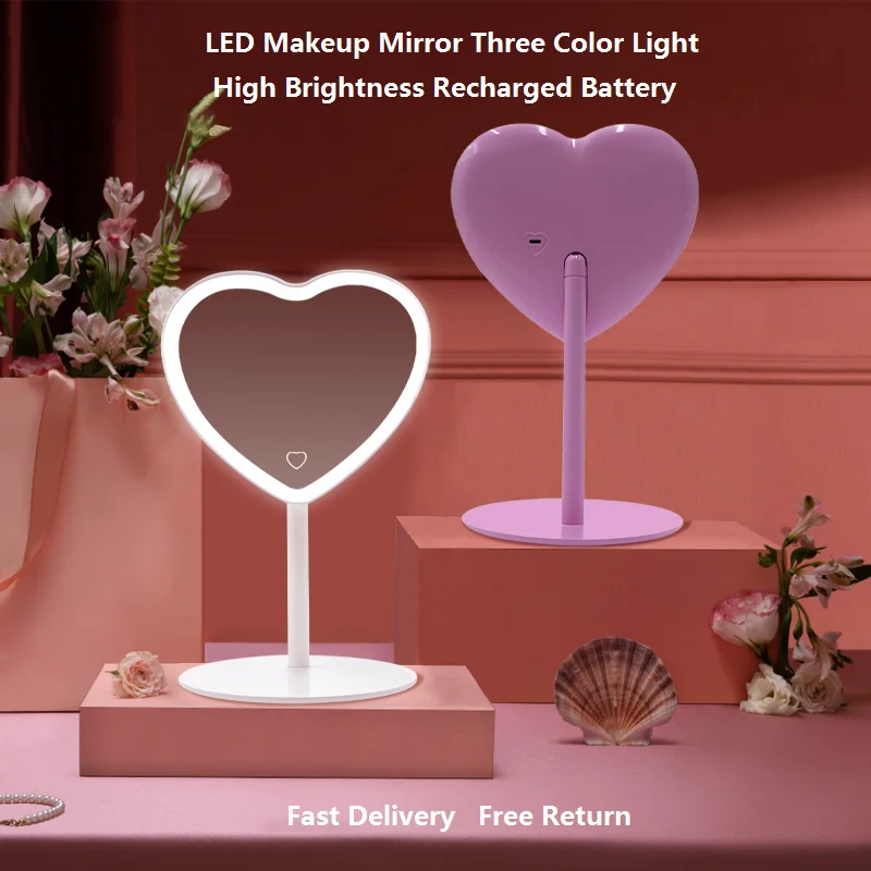 

Desktop Led Heart Shape Vanity Mirror Adjustable Three-color Light Cosmetic Rechargeable Makeup Mirrors