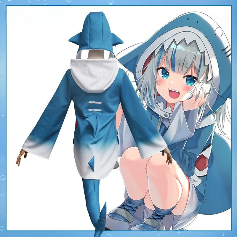 Фото ANIMECC в наличии Gawr Gura Shark Косплей Костюм Hololive Vtubers Косплей Парик Шляпа Хвост Полный комплект Наряды на Хэллоуин для женщин №4