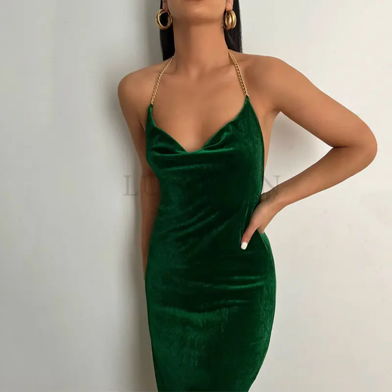 

Backless Maxi Dress Sexy Orange Velvet Halter Slim Dress For Women Summer Elegant Long Club Party Beach Dresses New Outfit