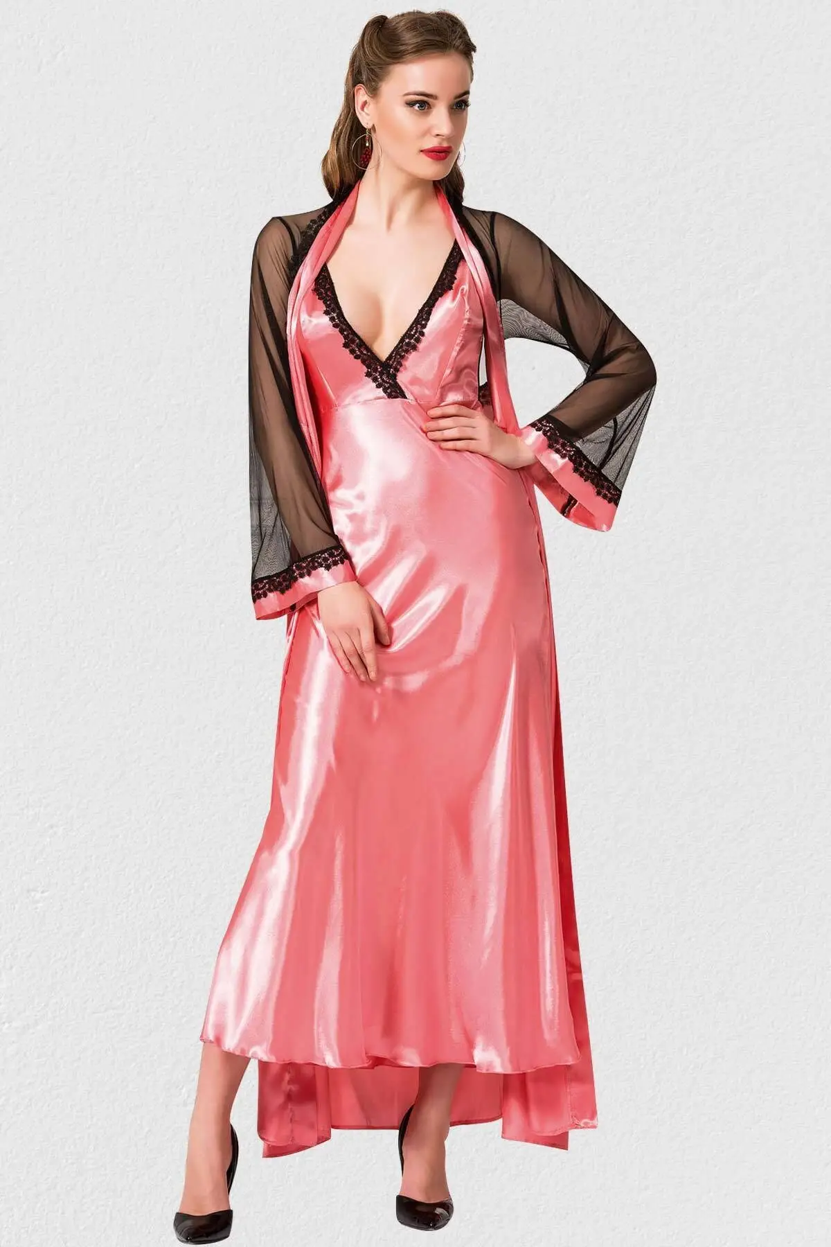 

Dressing Gown Coral Nightgown And Satin Set Fashion Robe Robe Robe Robe Sexy Peignoir Kimono Bride Sleepwear Night Gown