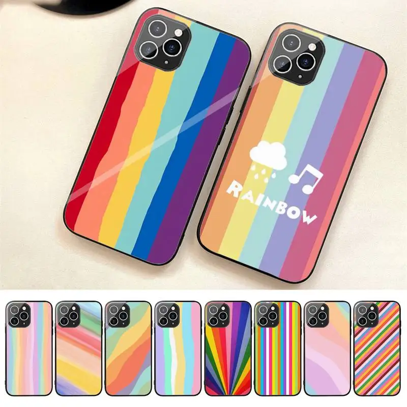 

Colorful Rainbow Stripe Phone Case For Iphone 7 8 Plus X Xr Xs 11 12 13 Se2020 Mini 14 Pro Max Tempered Glass Fundas