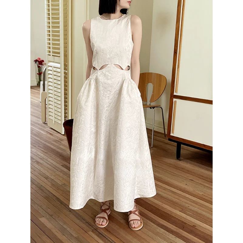 

Small Fragrance Sleeveless Summer Women New Simple Jacquard Hollow Out Slim Party White Black High Quality Lady Dresses 1322