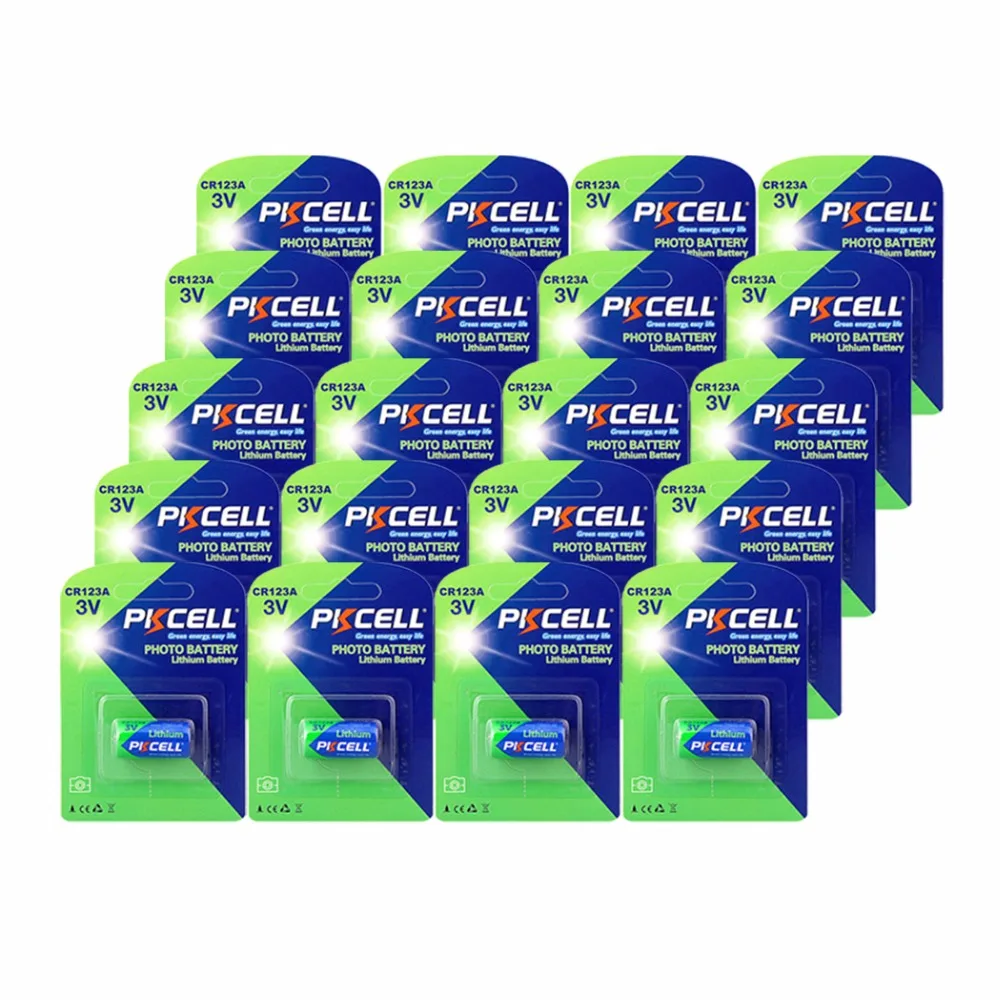 

20 аккумуляторов PKCELL CR123A, 1500 мАч, CR123A, CR123, 123A, CR17345, 16340, 3 в, литиевые аккумуляторы для фонариков