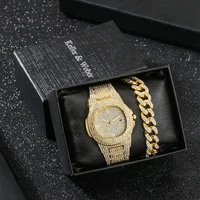 watch for men luxury gold diamond bracelet set gift for boyfriend fashion calendar quartz wristwatches stainless reloj hombre