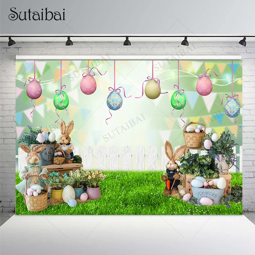 

Spring Easter Backdrop Rabbits Eggs Green Lawn Photography Background Children Newborn Baby Shower Birthday Party Decor