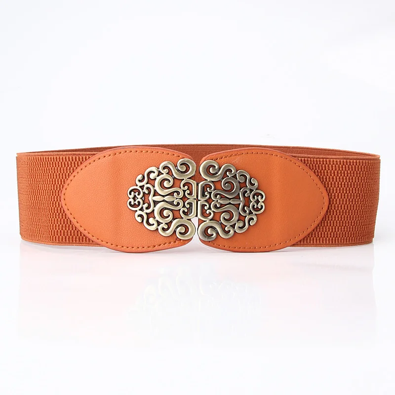 

New Women Elastic Wide Belt Thick Vintage Totem Print Stretch Leather Waist Belt For Dress Corset Cinch Waistband