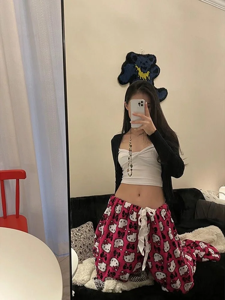 

Hello Kitty Loose High Waist Pants Sanrio Cute Casual Thin Pant Trousers Women New Wide Leg Pant Aesthetic Y2K Fashion Printed