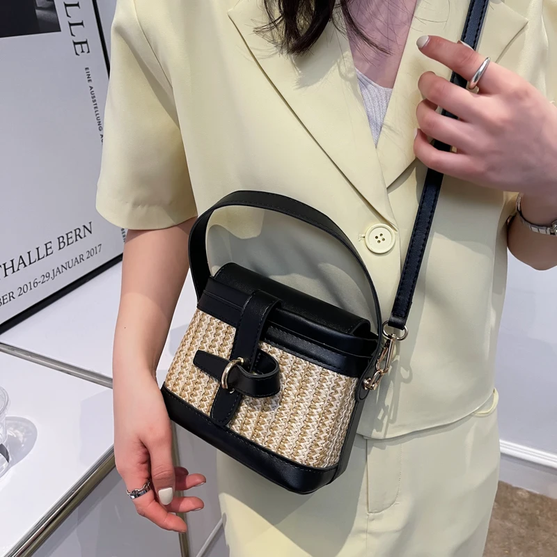 Mini Straw Bucket Bags for Women 2023 Summer Trendy Crossbody Bags Lady Travel Purses and Handbags Female Shoulder Simple Bag