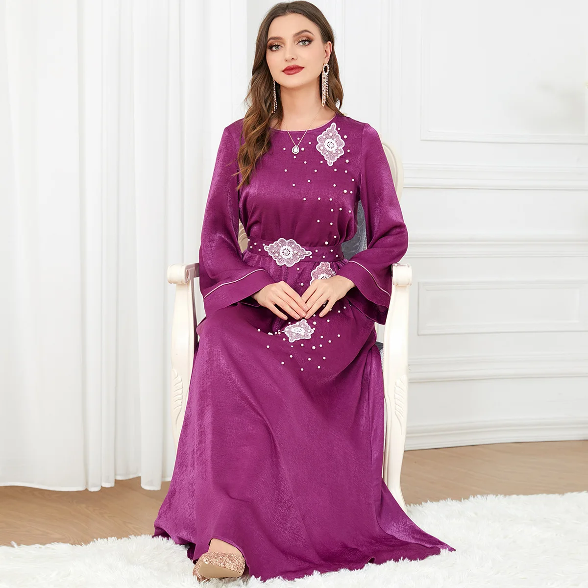 Beaded Abaya Arabic Long Dress for WomenRamadan Eid Belted Elegant Muslim Moroccan Kaftan Dubai Gulf Jalabiiya Islamic Clothing