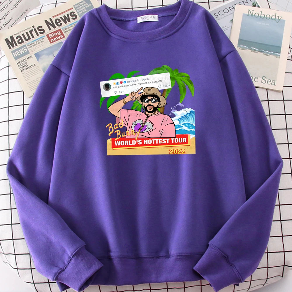 

Bad Bunny World's Hottest Tour Beach Surf Coconut Tree Sweatshirt Female Casual Crewneck Pullover Trendy Fleece Female Pullovers