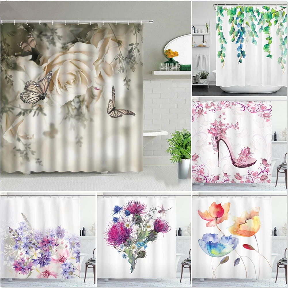 

Roses Butterfly Flower White Shower Curtains Printed Floral Leaf Waterproof Polyester Bathroom Curtain Fabric for Bathtub Decor