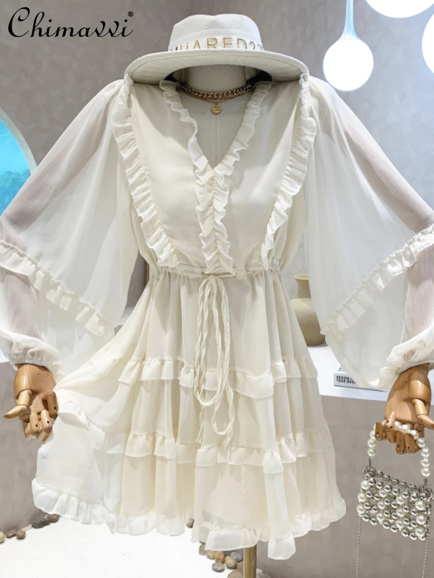 

2022 Summer New Korean Style Fashion Lantern Sleeve Three-Dimensional Short Dress High Waist Slimming Elegant Dress for Women