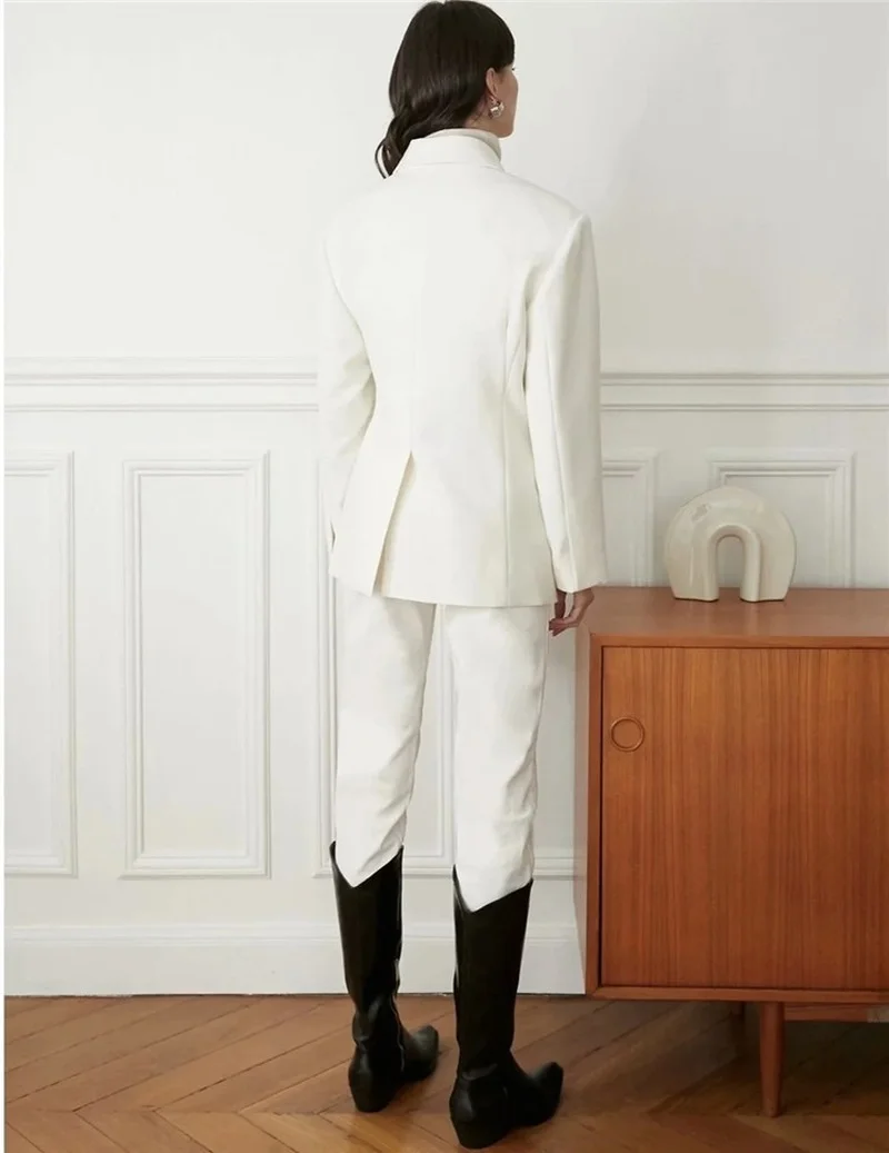 White Slim Waist Casual Office Blazer with Buckles 2021 Women Solid Color Mid-Length Commute Blazer Simple Patchwork Jacket Coat