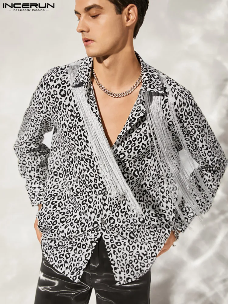 

INCERUN 2022 модная мужская рубашка с леопардовым принтом и кисточками, Лоскутная Повседневная рубашка с отложным воротником и длинным рукавом, ...