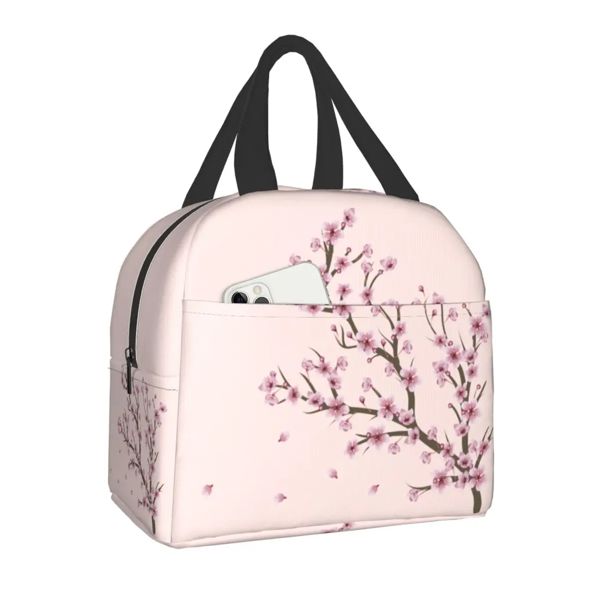 

Japanese Floral Blooming Sakura Branch Lunch Bag Portable Thermal Cooler Insulated Lunch Box for Women Kids Student School Food