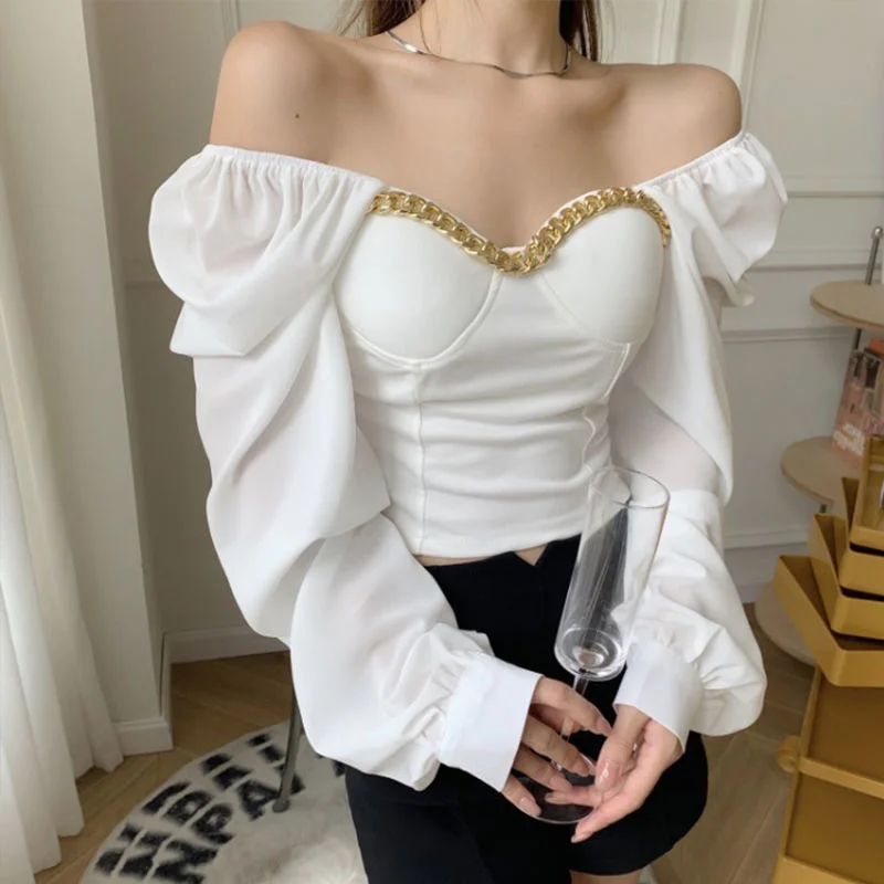 

Slash Neck White Women Blouse Summer Puff Sleeved Slim Chain Sexy Long-Sleeved Female Pulls Outwear Top Quality