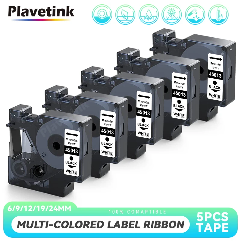 Лента для этикеток PLAVETINK 5x совместимая с Dymo 45013 d1 LM210D LM420P LM360D черная на белом 12 мм * 7