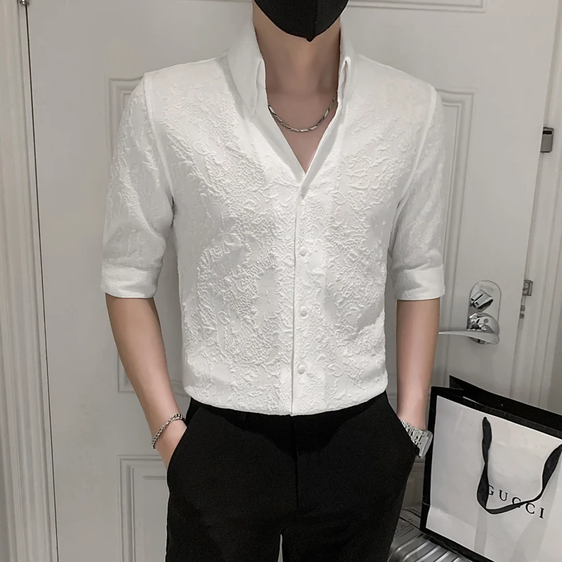 

Summer Casual Shirt Men Half Sleeve Slim Fit Business Formal Dress Shirts V Neck Social Party Nightclub Tuxedo Clothing Hommes