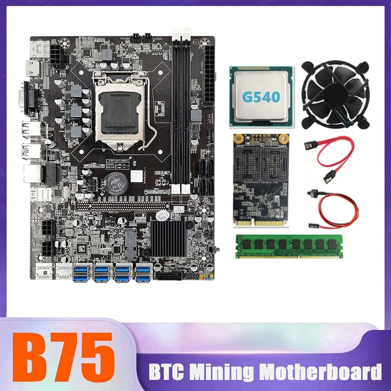 

Материнская плата B75 BTC Miner 8xusb + G540 CPU + DDR3 4G 1600 МГц ОЗУ + MSATA SSD 128G + вентилятор охлаждения процессора + кабель SATA + кабель переключателя