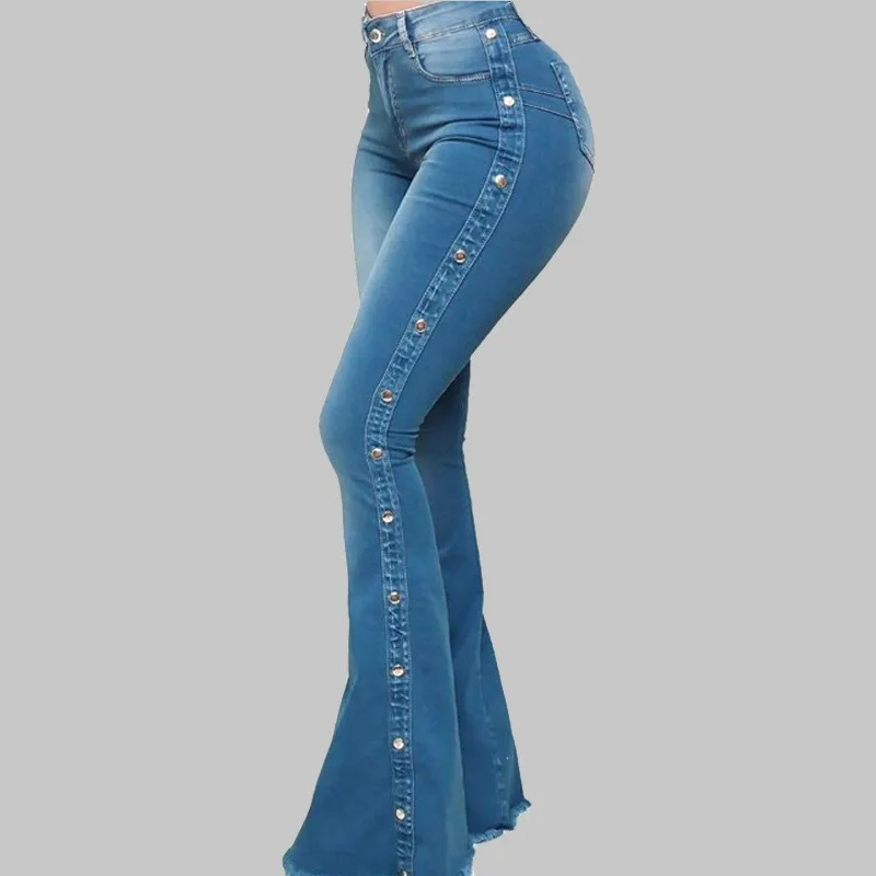 

Fashion High Waisted Stretch Floor Mop Flared Jeans For Women's Side Nail Beads Solid Pocket Slim Trousers Personalized Street