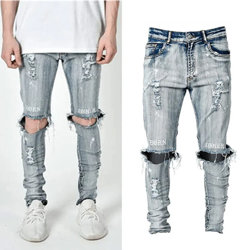 High Street Trend Men's Jeans Personality Hole Jeans Streerwear Men's Slim Fit Boys' Leggings Denim Pants Full Length Trousers