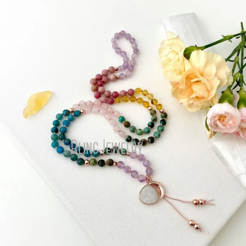 

MN43581 ожерелье богини мала, янтарный Апатит, бирюзовый розовый кварц, аметист и Родонит мала, бусины 108 °, подарок для нее