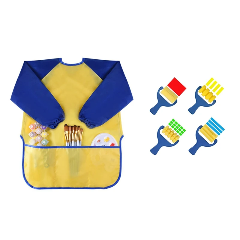 

Childrens Kids Toddler Waterproof Play Apron Art Smock With 4 Pack Early Learning Drawing Painting Tools Set