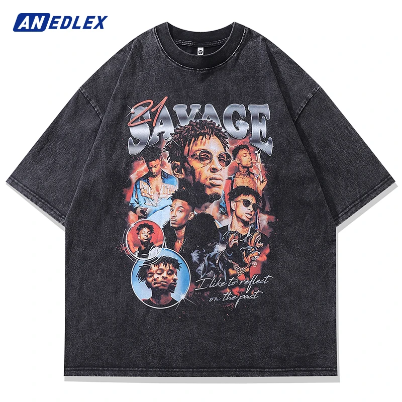 

2023 Men Streetwear Hip Hop Vintage T Shirt Oversized Rapper Portrait Graphic T Shirt Washed Black Tshirt Harajuku Tees Cotton