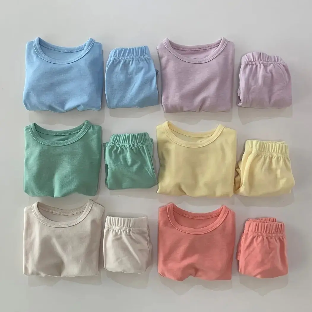2022 Summer New Baby Short Sleeve Clothes Set Solid Boys Girls Soft Cotton Pajamas Suit Kids Casual Air Conditioning Clothing