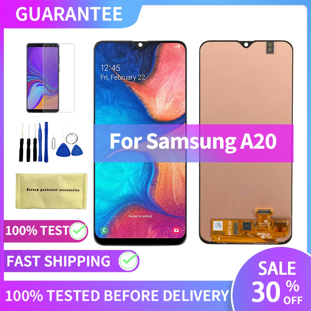 Новый дисплей Super AMOLE для Samsung Galaxy A20, A205F, A205FN, A205G, ЖК-дисплей с сенсорным экраном, дигитайзер в сборе, детали для замены