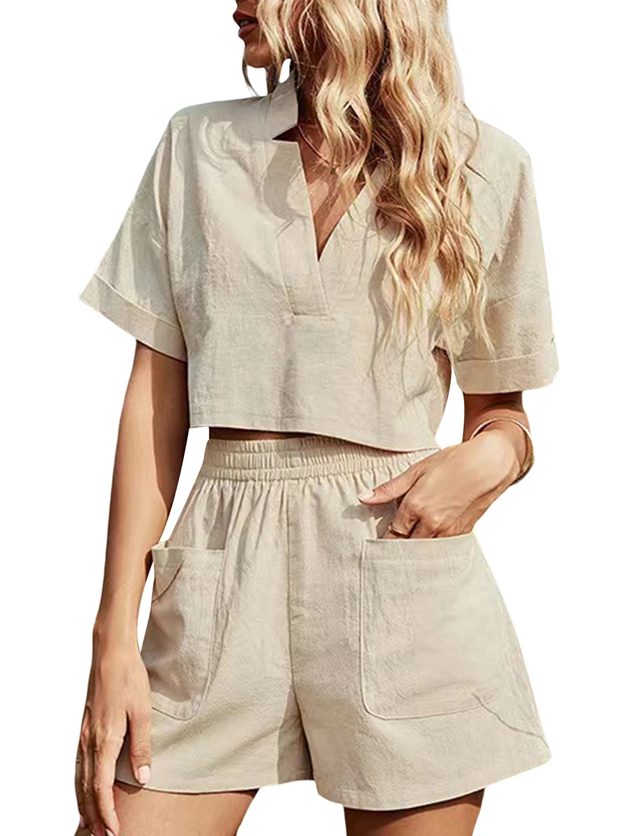 

Women s Cozy Linen Lounge Set 2-Piece Pajama Outfit with V-Neck Crop Top Short Sleeves High Waist Shorts and Convenient