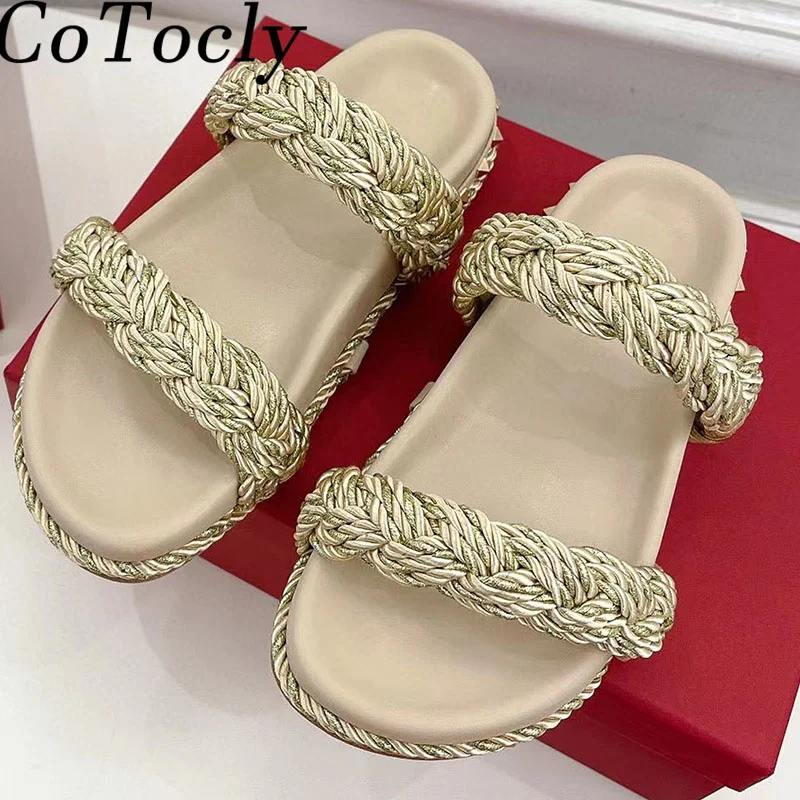 

Summer Flat Slippers Women Braid Rivet Slides Peep Toe Casual Holiday beach Shoes Ladies Fashion Weave Thick Sole Slippers Woman