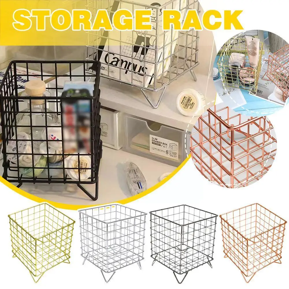 

Metal Iron Square Desktop Basket Makeup Sorting Storage Supplies Holder Gold Organizer Basket Silver Black Stationery L7f6