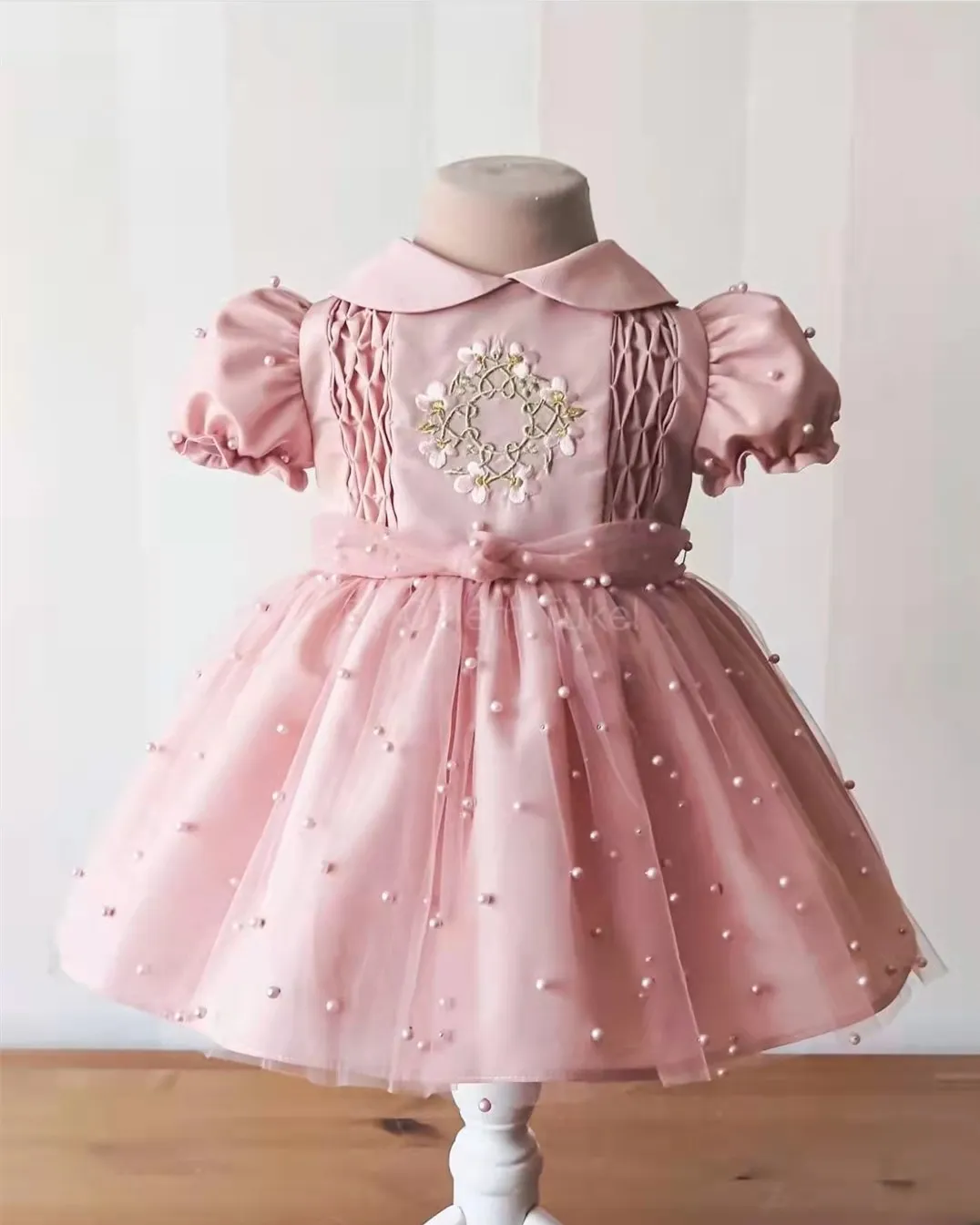 

0-12Y Baby Girls Summer Pink Smocked Pearl Princess Dress for Birthday Christmas Eid