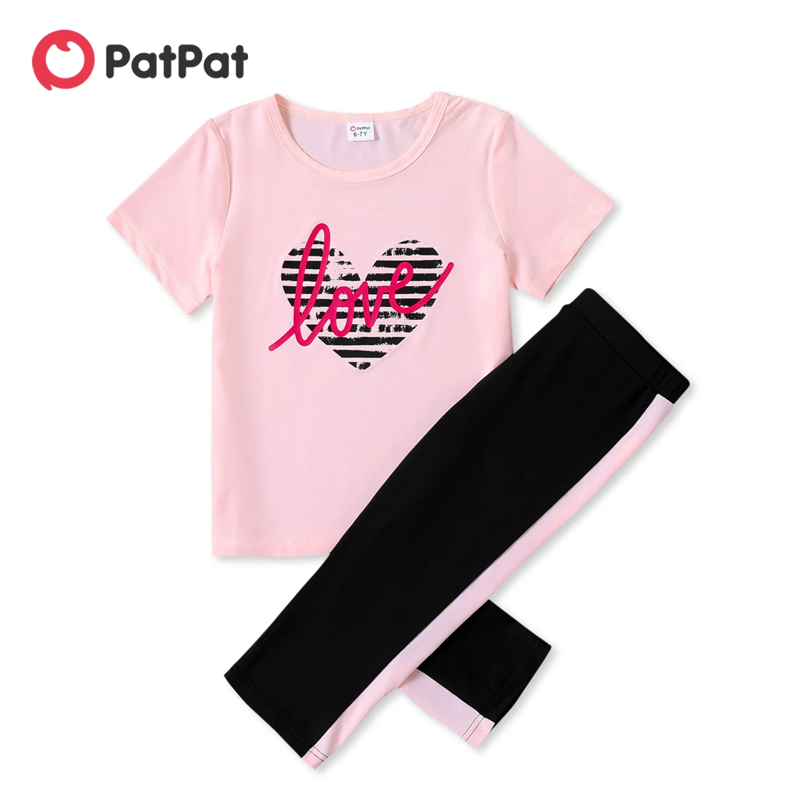 

PatPat 2-piece Kid Girl Letter Heart Print Pink Tee and Colorblock Capri Pants Set