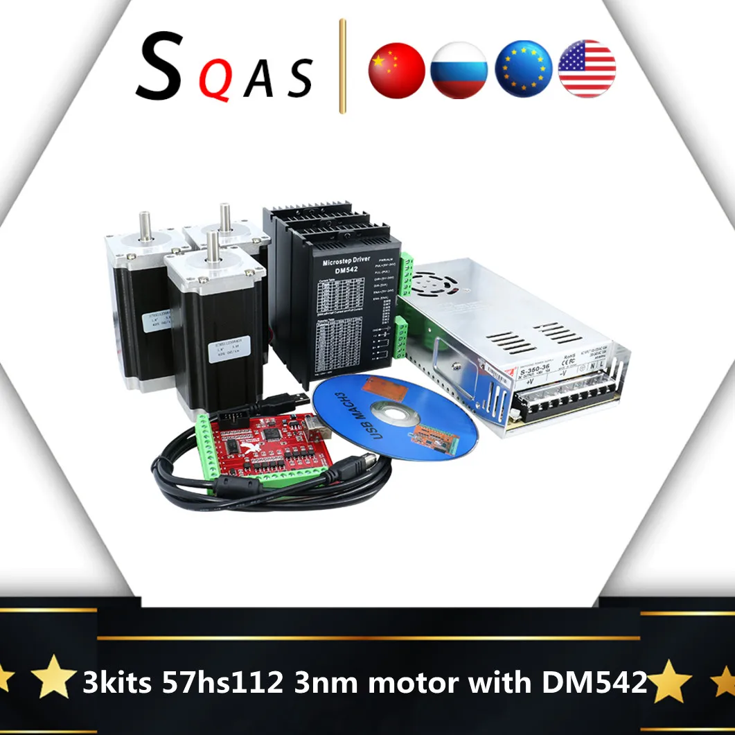 

Nema23 425ozin 3N stepper dc motor KIT 3pcs 57HS11230D8 + 3pc dm542 motor driver 350w 36v power supply MACH3 board for CNC