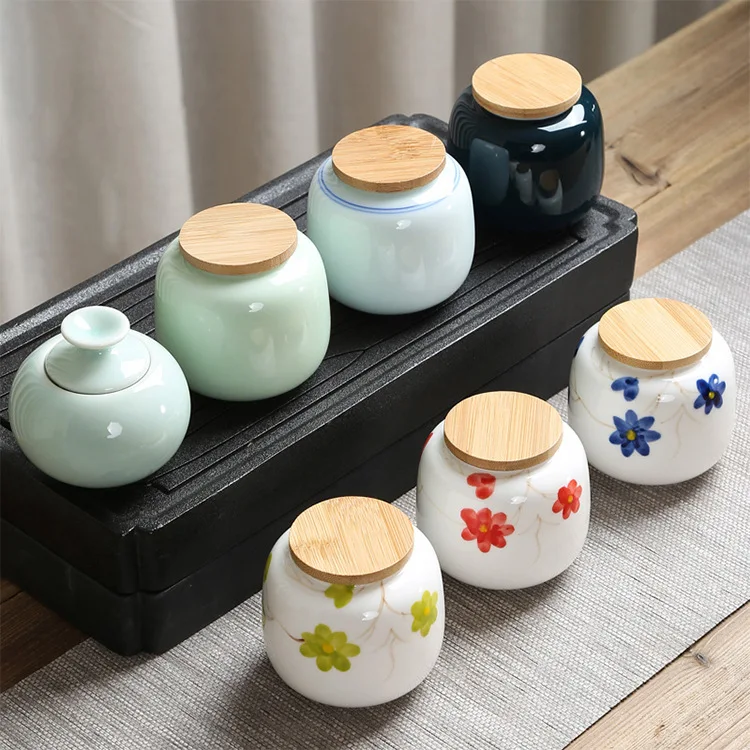 

Mini Enamel Storage Jar Wood Lid Sealed Tea Box Home Portable Candy Jar Kitchen Food Seasoning Tank Ceramic Container Home Decor