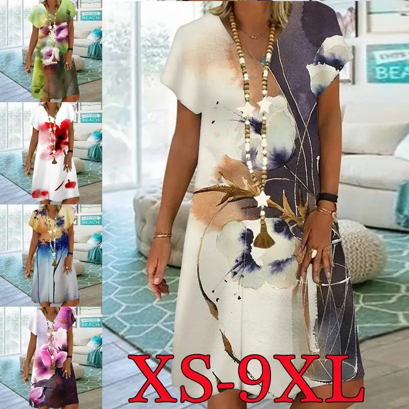 

Abstract Art Pattern Summer Casual Loose Print V Neck Short Sleeve Dress Fashion Plus Size Party Dress XS-8XL
