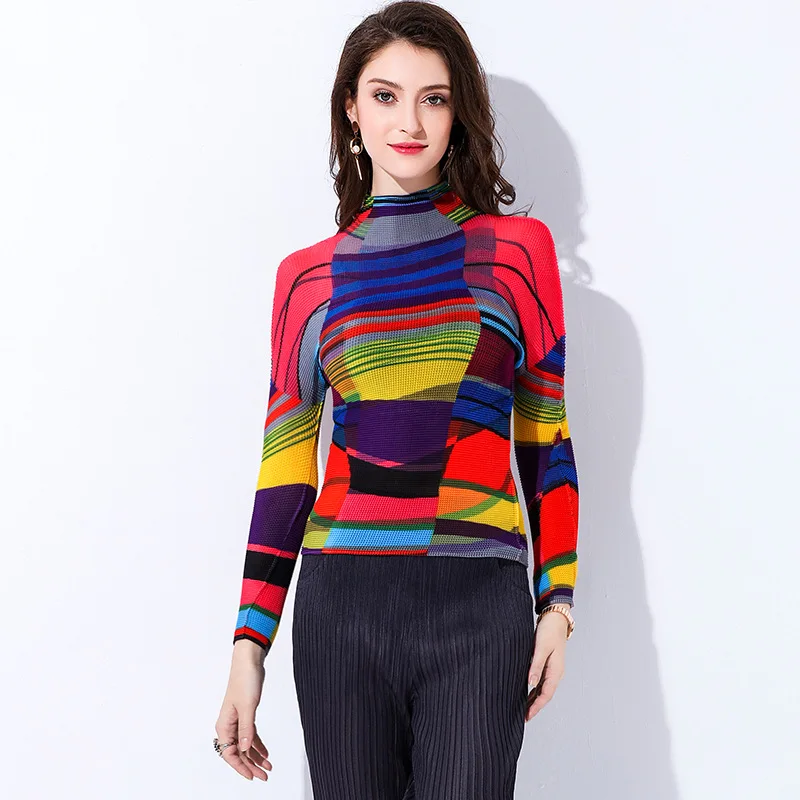 Miyake плиссированный топ модный женский с длинными рукавами и принтом