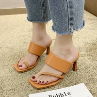 women high heel slippers summer fashion asymmetric flip flops ladies square toe casual slides sandals female plus size 43 shoes