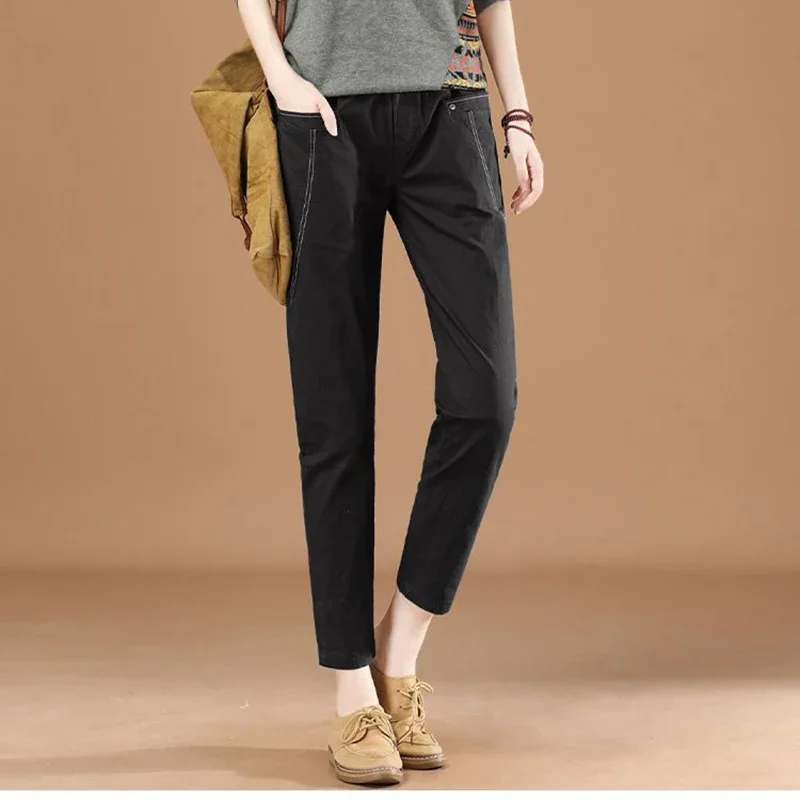 Модные однотонные повседневные брюки с эластичными карманами женская одежда