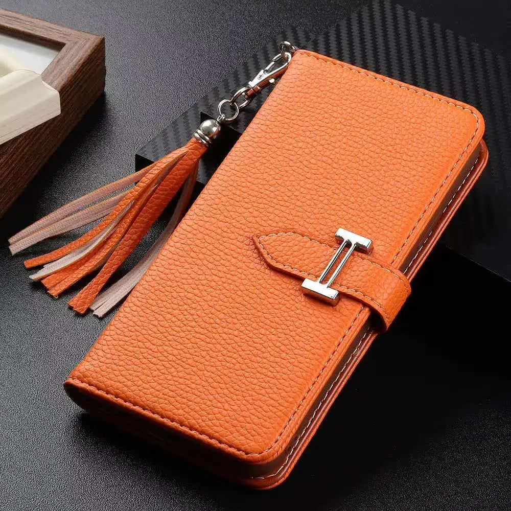

Luxury Litchi Leather Filp Cases For iPhone 13 14 12 11 Pro XS Max 8 Plus XR Brand Wallet Cover Cute Dangler Phone Accessory Bag