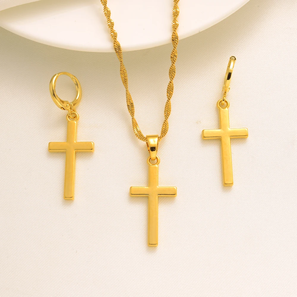 

Fashion Cross Jewelry Gold Girls Brida Jewelry Set for Women Necklace Earrings Set Party Accessories Dubai India Africa Gift
