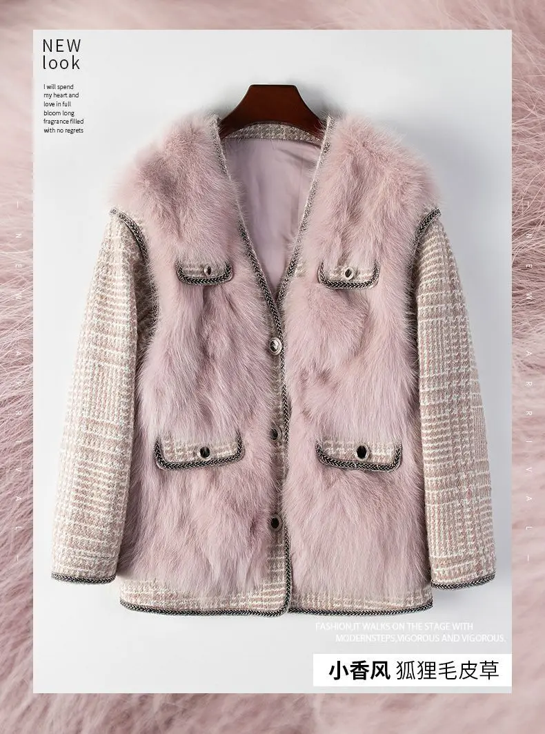 

2023Real fur,A Small Amount of Clothing New Fox Fur Grass Coat Women's Fashion Small Fragrance Autumn and winter Mid length twe