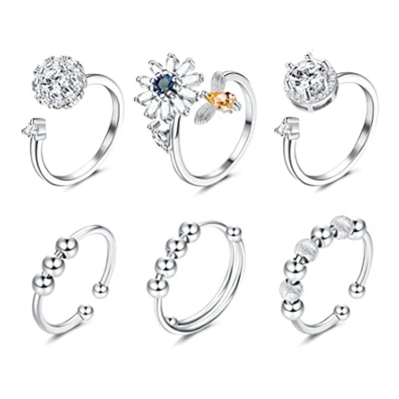 

6Pcs Men's and Women's Rotating Ring Adjustable Flower Bee Ladies Ring Set