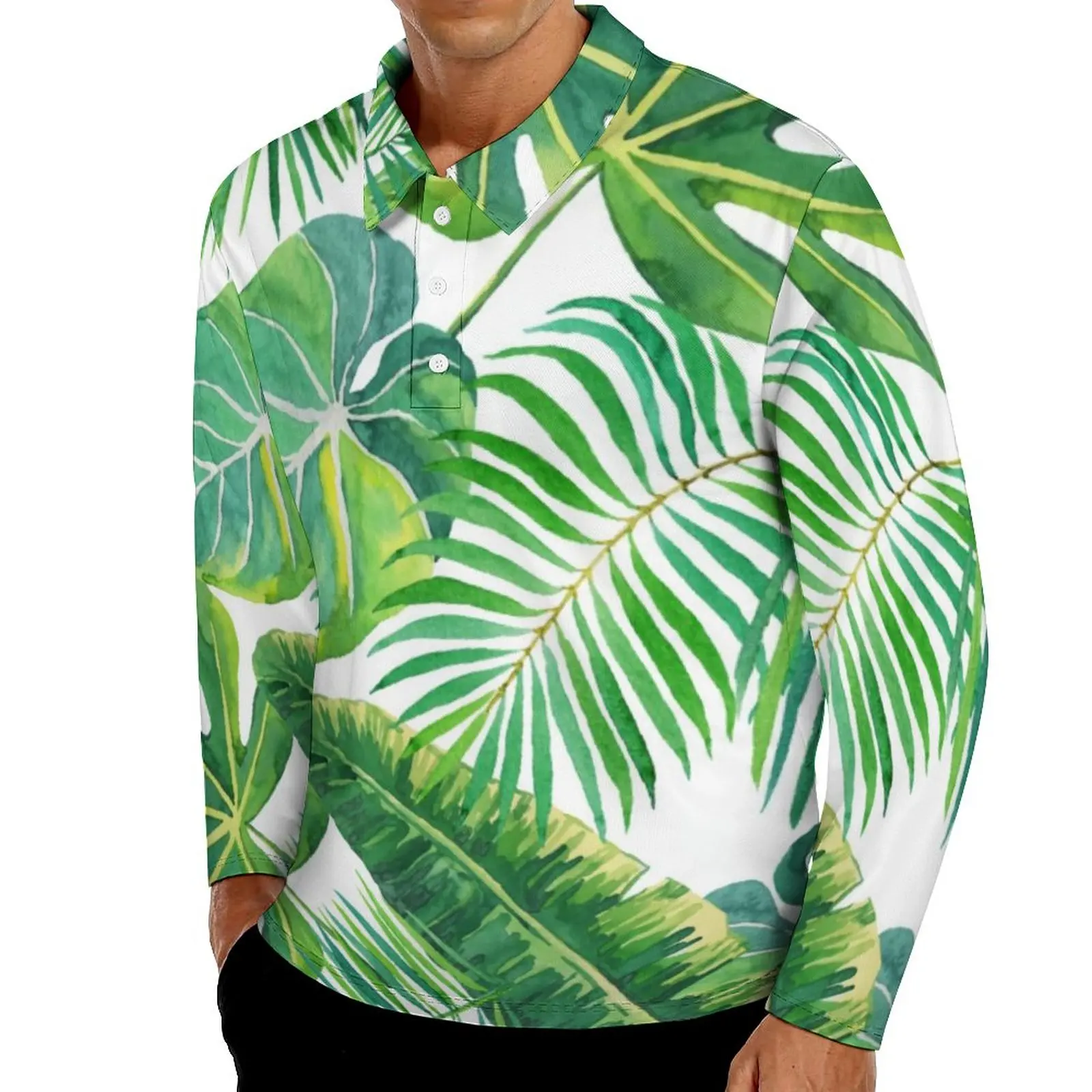 

Tropical Leaves Polo Shirts Men Hawaii Beach Modern Casual Shirt Spring Fashion Collar Long Sleeve Design Oversized T-Shirts
