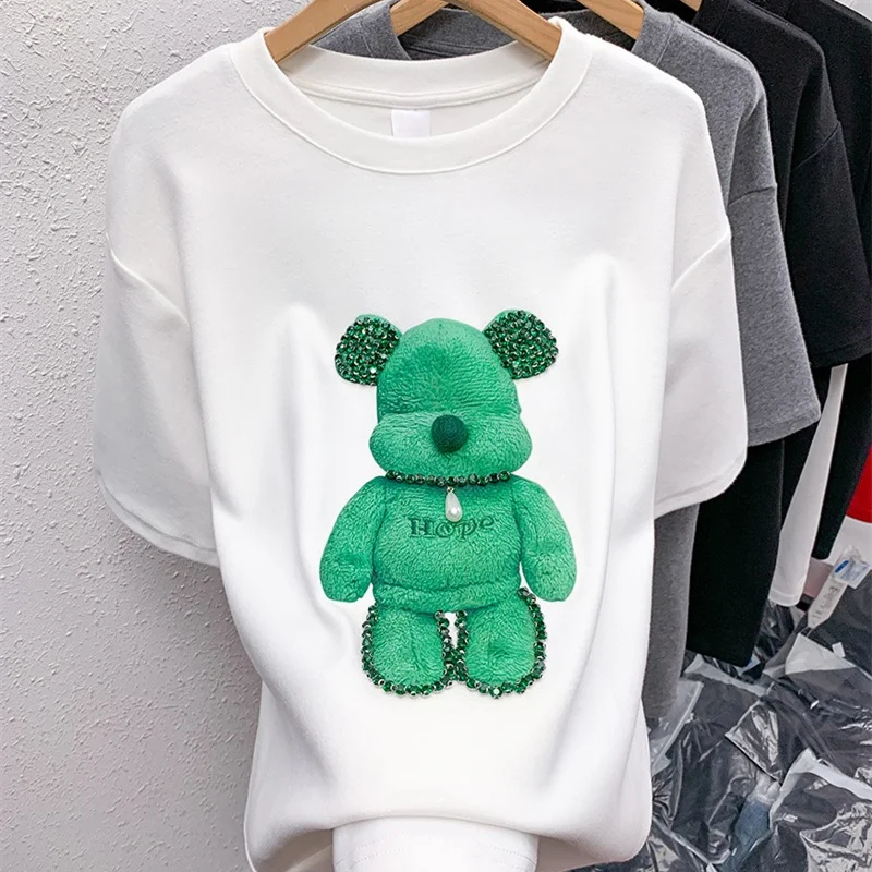 

Летняя футболка с медведем, женские свободные топы с круглым вырезом, смешная футболка в стиле Харадзюку для девочек, женская белая серая футболка большого размера с коротким рукавом, женская одежда